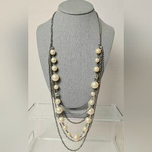 [Statement Necklace] Multi Layer Silver Tone Chain & Faux Pearls